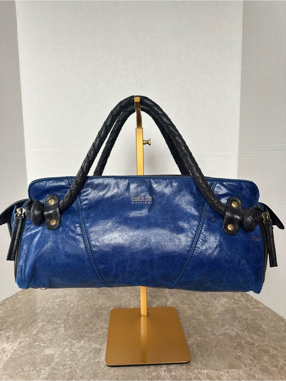 Vintage Y2K Matt & Nat Montreal Blue Crinkle Vegan Leather Barrel Satchel Bag